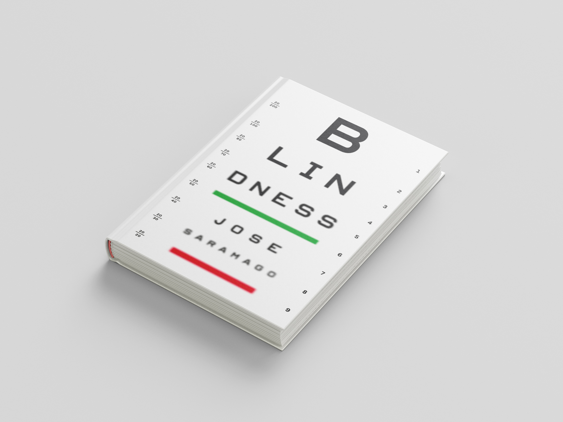 Book cover and spine designed to look like a blurry eye chart reading Blindness Jose Saramago.