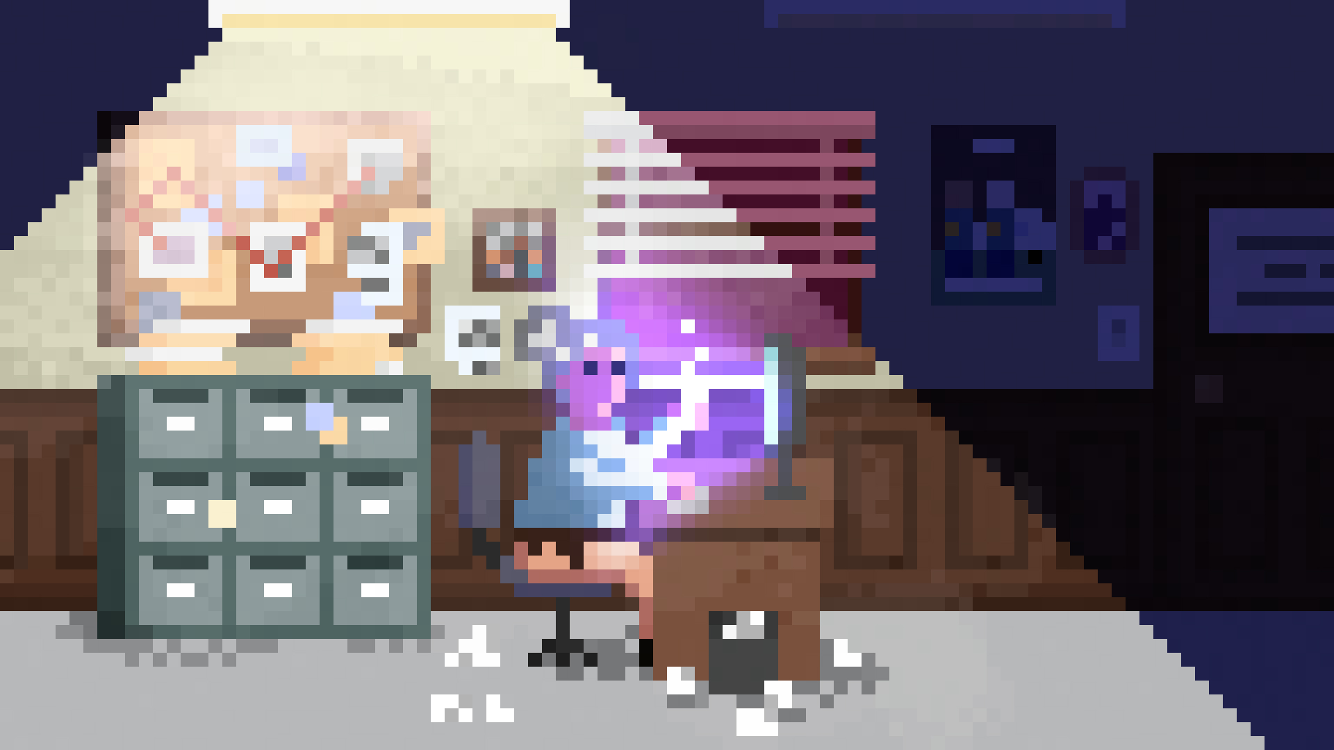 Pixel art of a dark-skinned female detective sitting at a desk, illuminated by her computer screen and an overhead light.