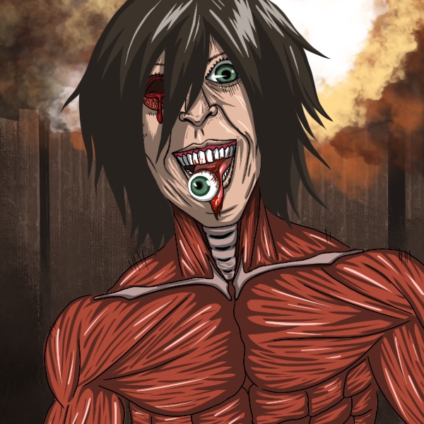 Illustration of a man with his missing eyeball on his tongue in the style of Attack on Titan.