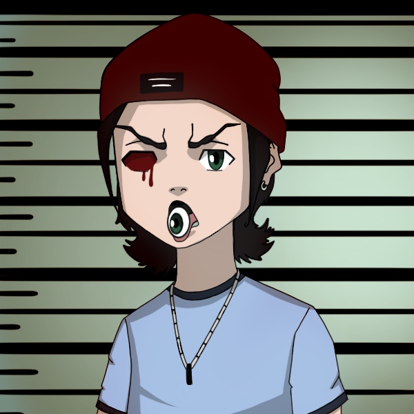 Illustration of a man with his missing eyeball on his tongue in the style of The Boondocks.