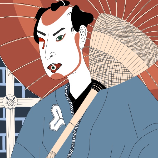 Illustration of a man with his missing eyeball on his tongue in the style of Ukiyo-e.