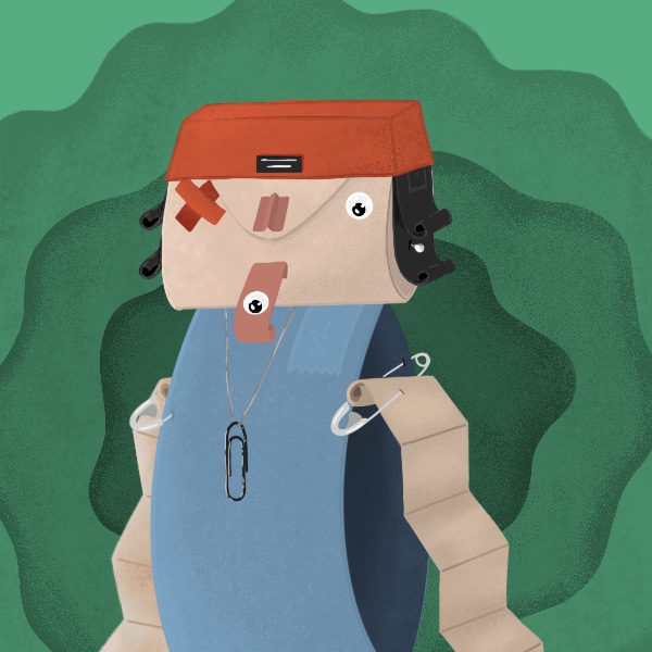 Illustration of a man with his missing eyeball on his tongue in the style of Tearaway.