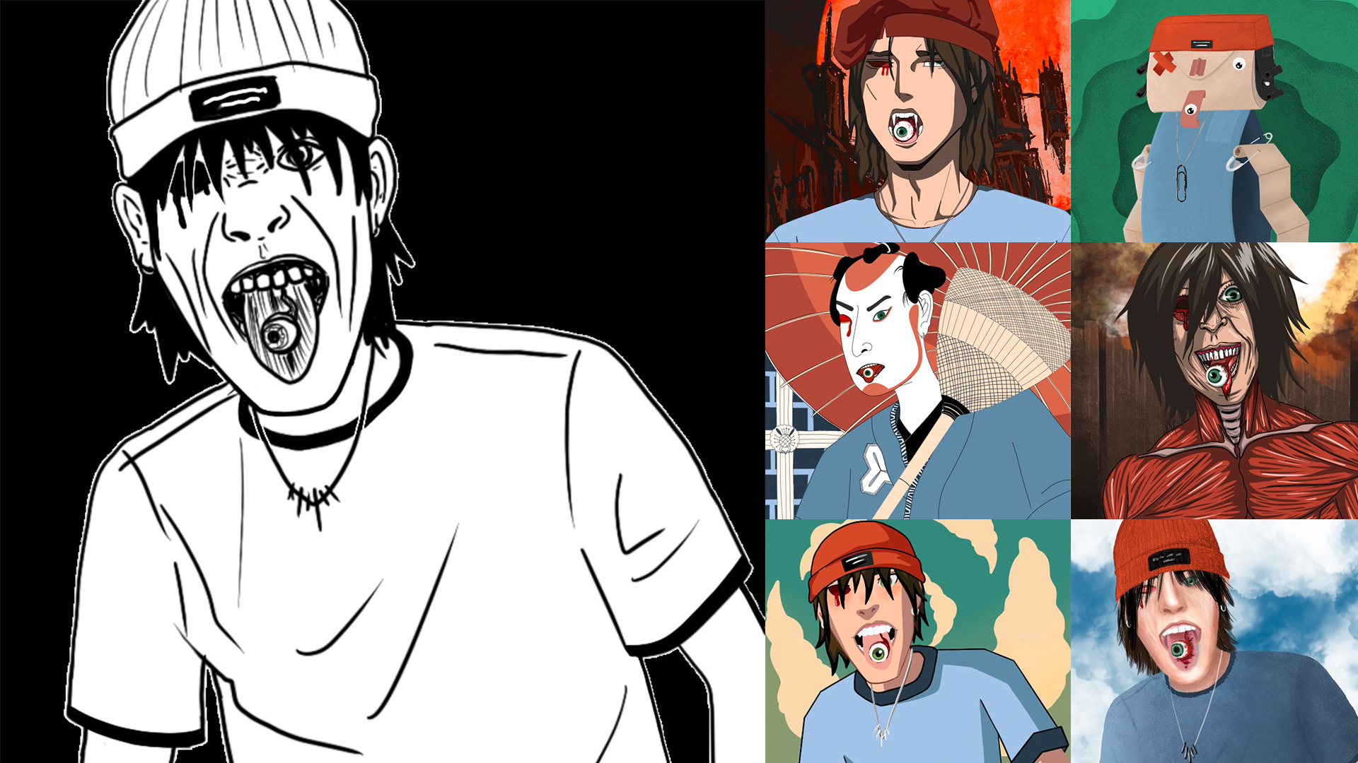 Various differently illustrated renditions of a character with his missing eyeball on his tongue.