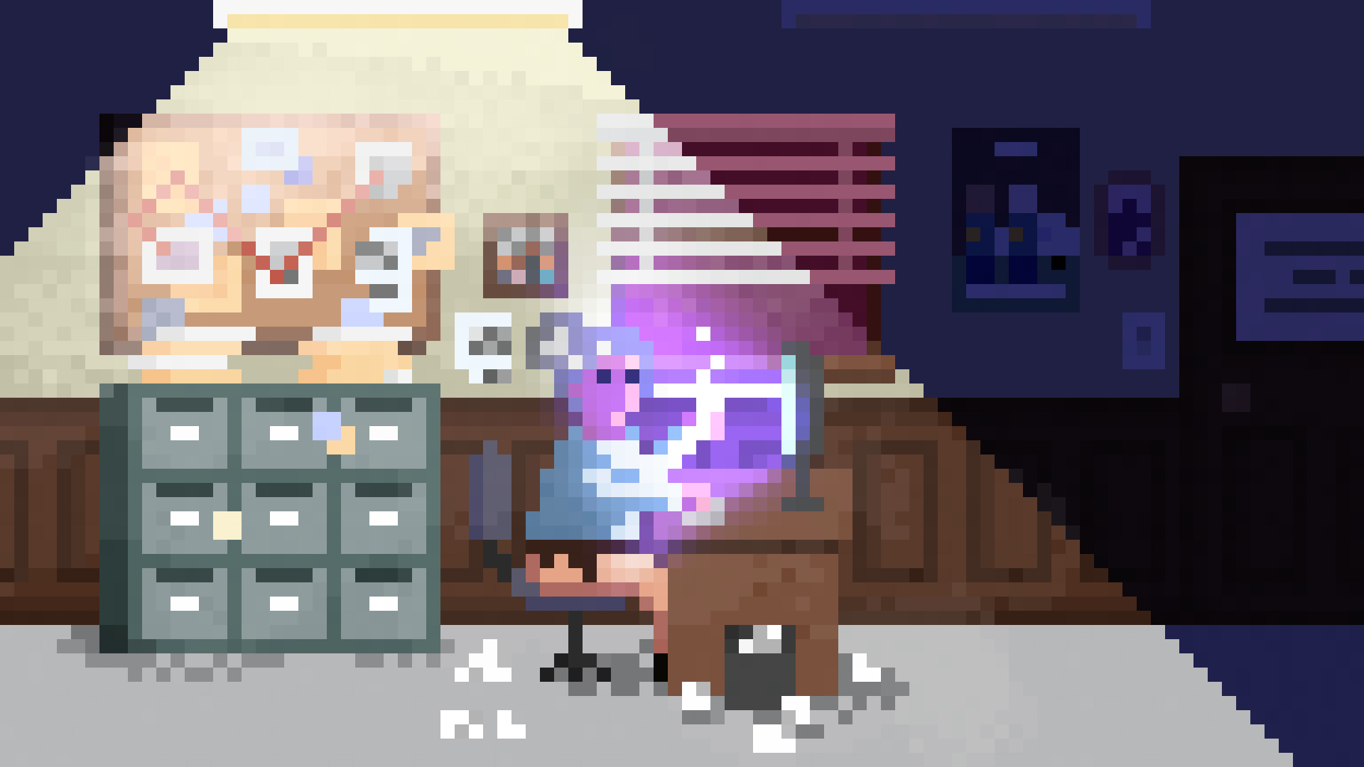 Pixel art of dark-skinned female detective sitting at a desk, illuminated by her computer screen and an overhead light.