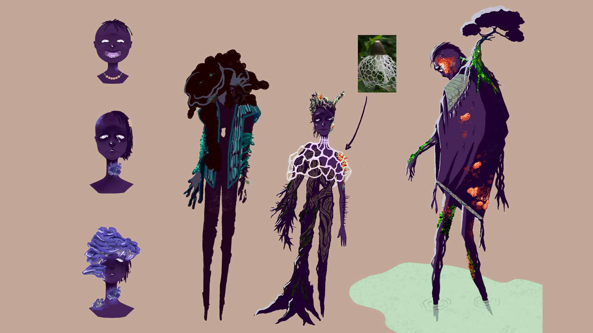 Concept art of progressive organic material growth on characters' faces and bodies.